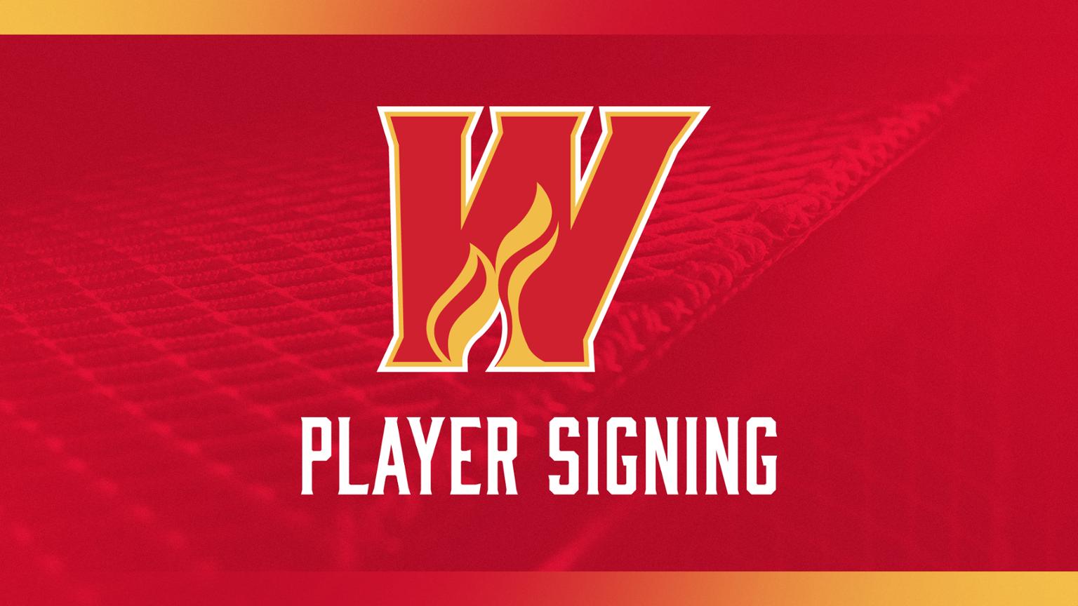 Calgary wranglers logo with caption player signing with hockey net closeup background with red overlay